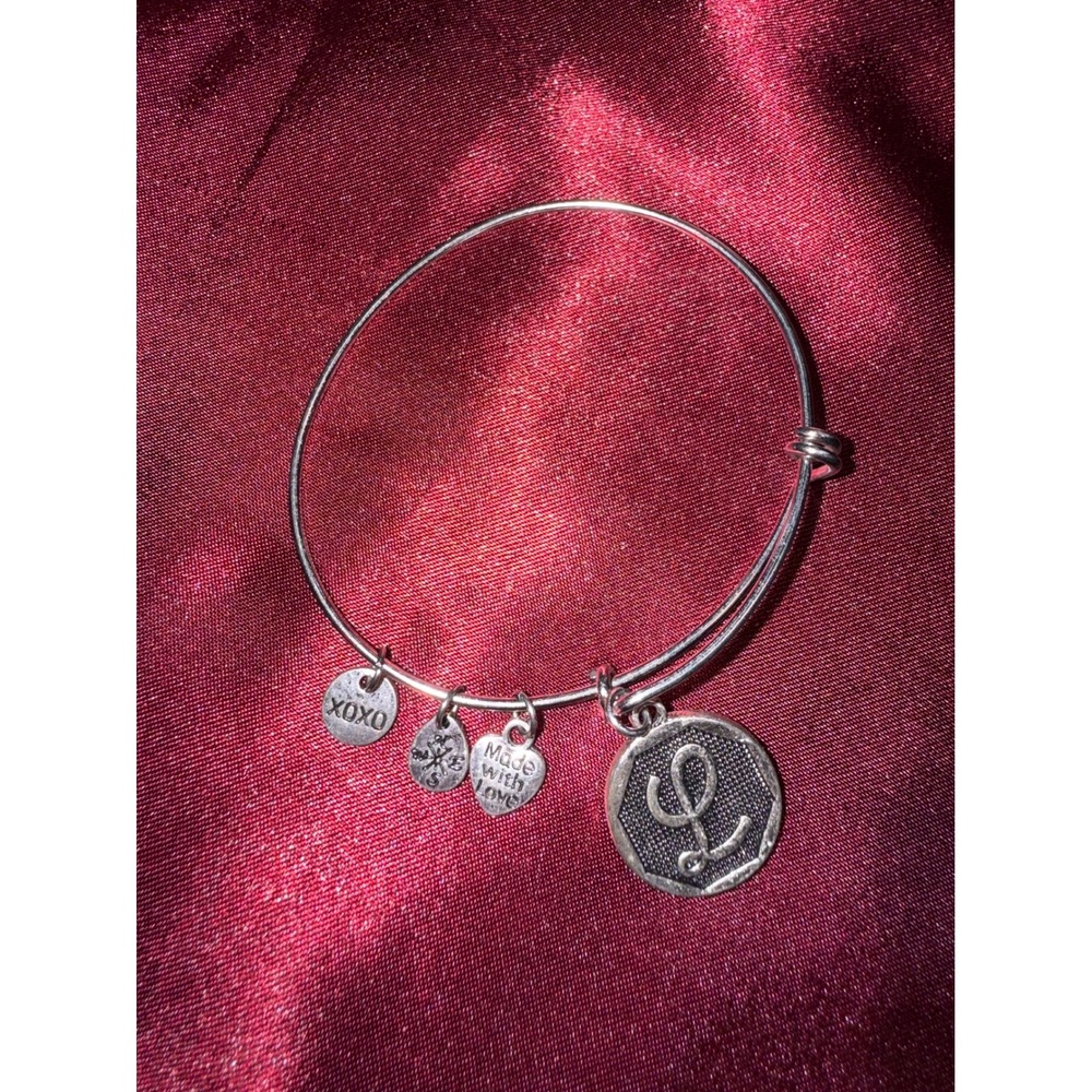 Silver Tone Initial L Charm Bangle Bracelet Made With Love XOXO Compass Charm